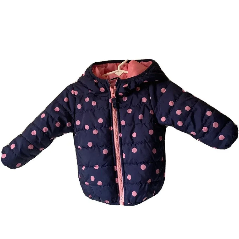 Carter's puffer pink polka‎ dot snow jacket hood zip toddler baby girl size 12 M
